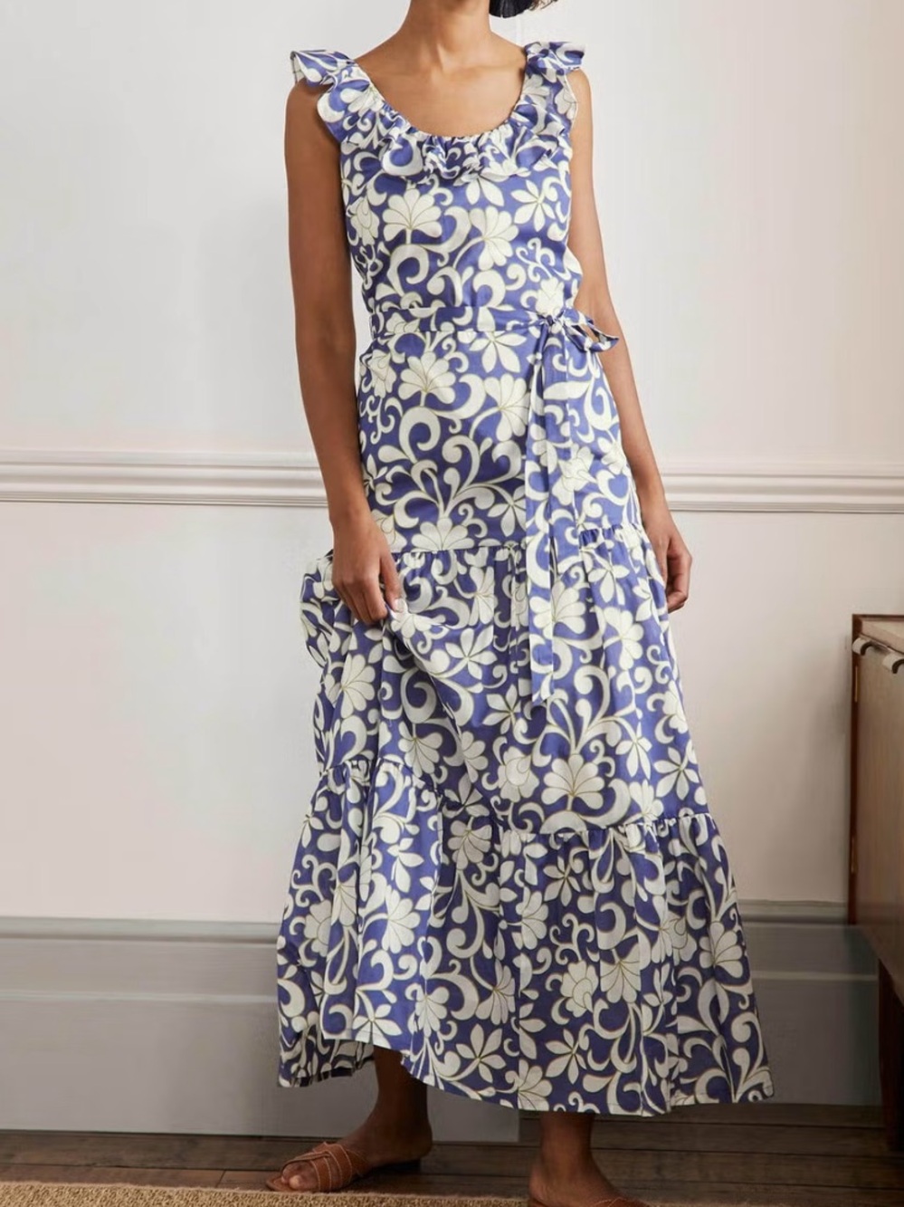 Boden blue white floral ruffle long maxi dress size 8